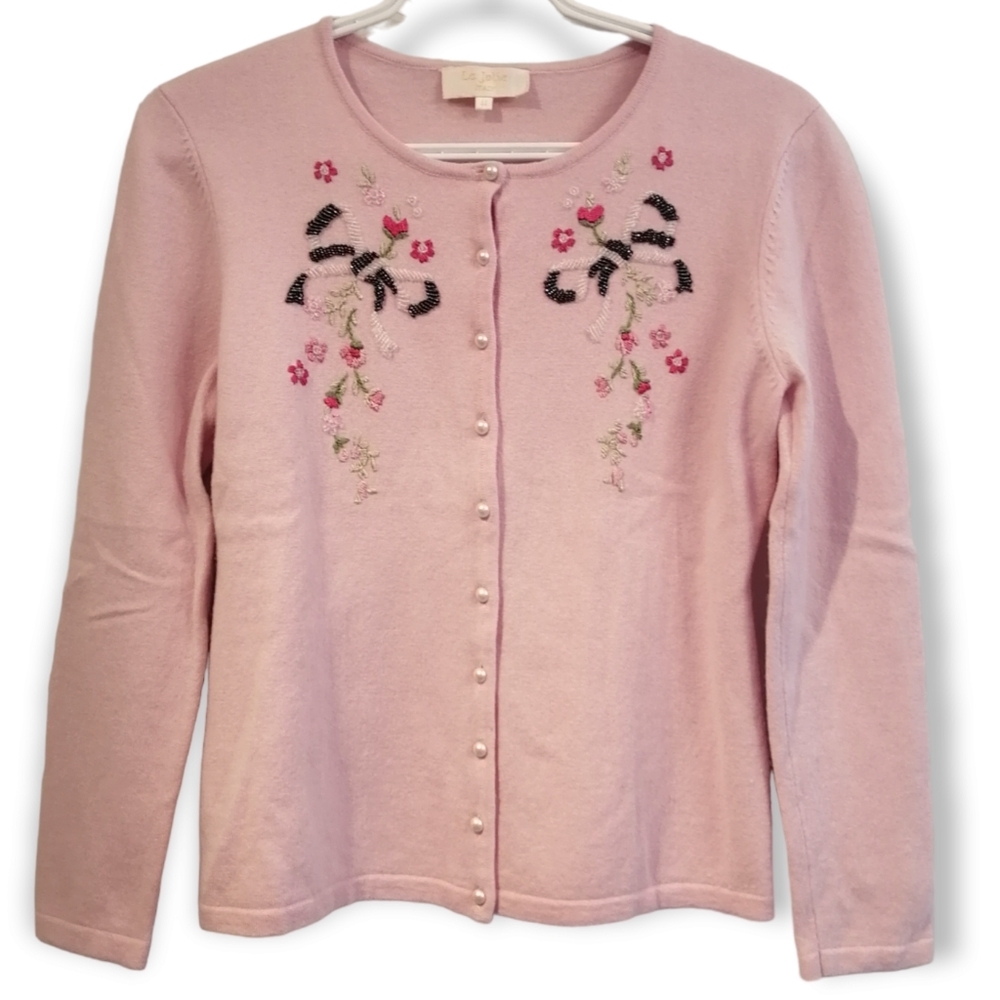 Vintage Italian Merino Wool and Silk Embroidered and Beaded Pink Cardigan Medium